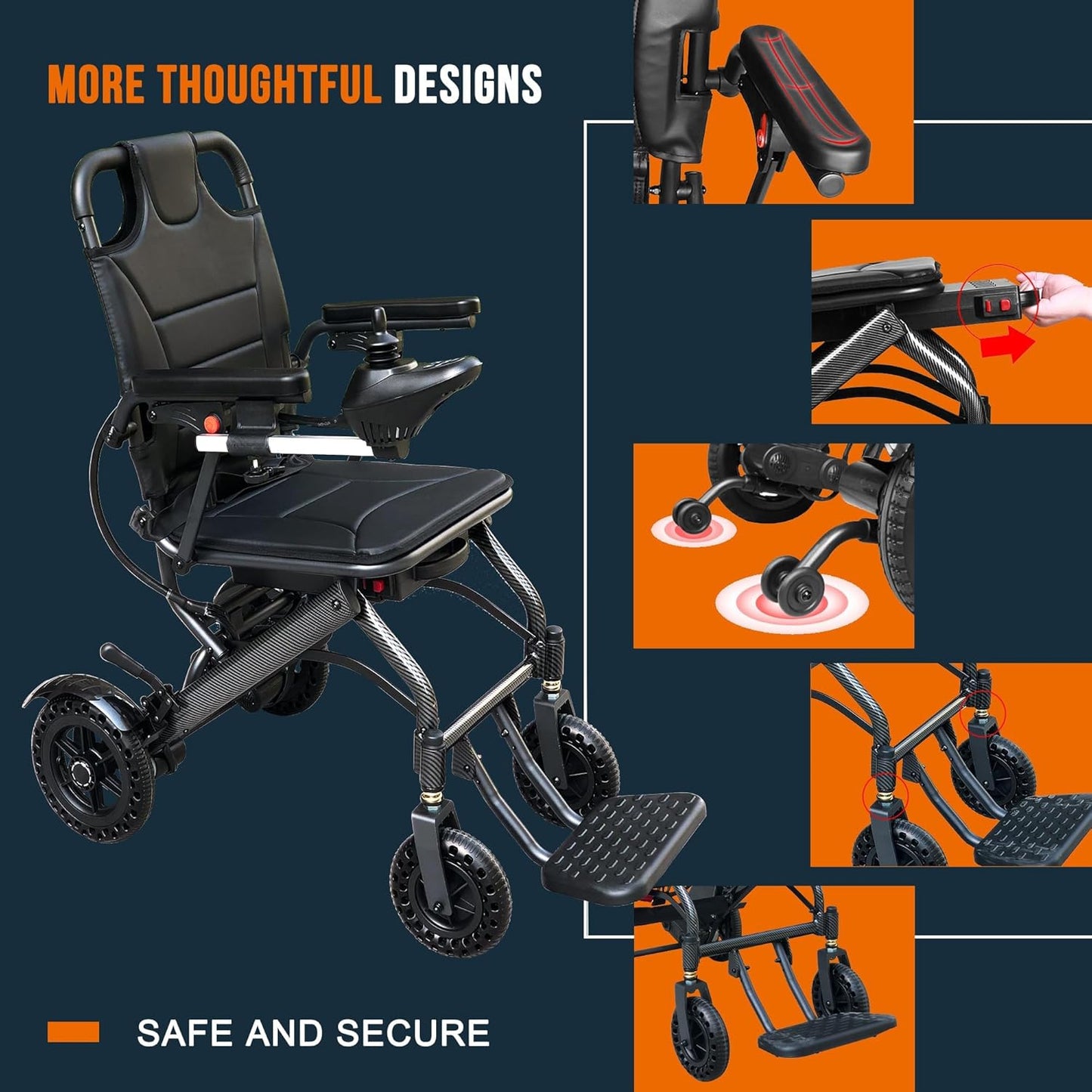 Ultra-Light Foldable Electric Wheelchair – 13kg, Carbon 10Ah Battery, 20km Range, 220lb Capacity