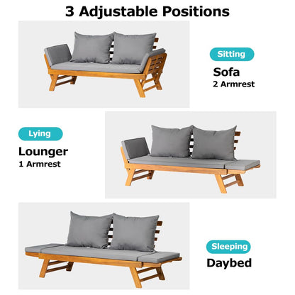 Acacia Wood Convertible Outdoor Sofa Bed with Adjustable Armrests & Cushions