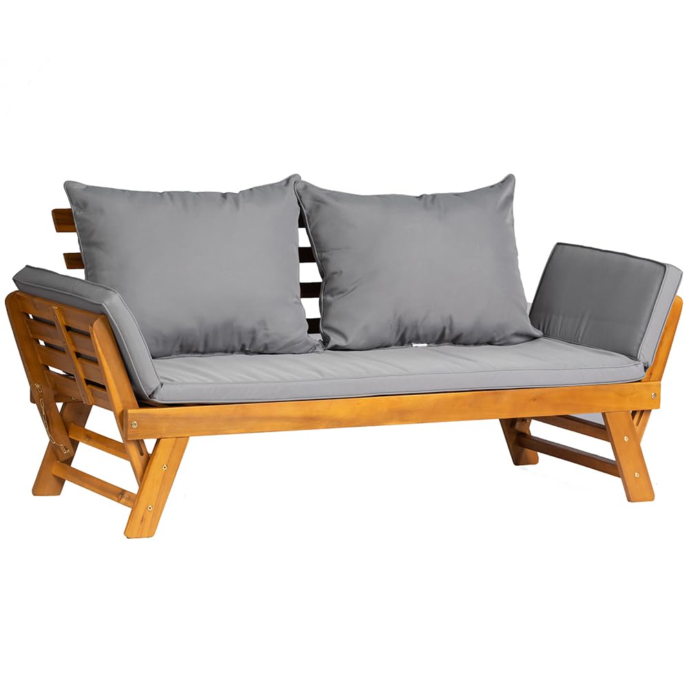 Acacia Wood Convertible Outdoor Sofa Bed with Adjustable Armrests & Cushions