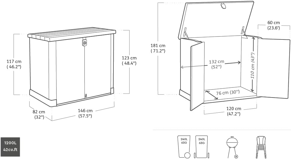 1200L Outdoor Garden Storage Box with Hinged Doors & Lift-Up Lid