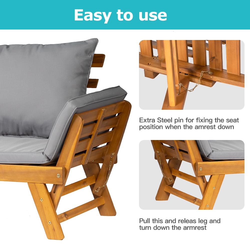 Acacia Wood Convertible Outdoor Sofa Bed with Adjustable Armrests & Cushions