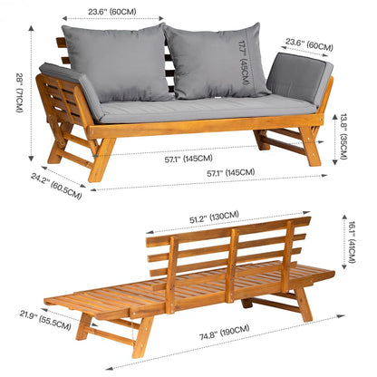 Acacia Wood Convertible Outdoor Sofa Bed with Adjustable Armrests & Cushions
