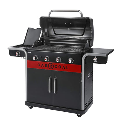 Hybrid Gas & Charcoal BBQ Grill with Cast Iron Grates & Temperature Gauge