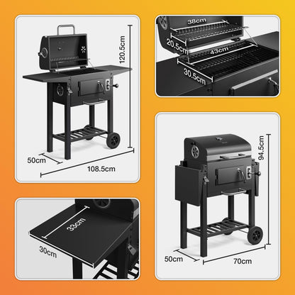Charcoal BBQ Grill & Smoker with Temperature Gauge, Side Shelves & Storage Rack