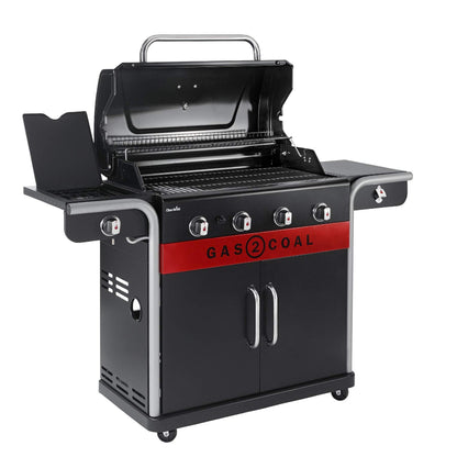 Hybrid Gas & Charcoal BBQ Grill with Cast Iron Grates & Temperature Gauge