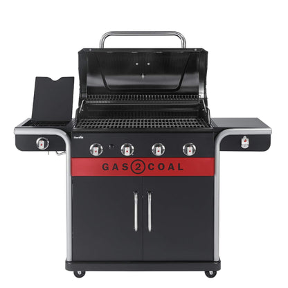 Hybrid Gas & Charcoal BBQ Grill with Cast Iron Grates & Temperature Gauge