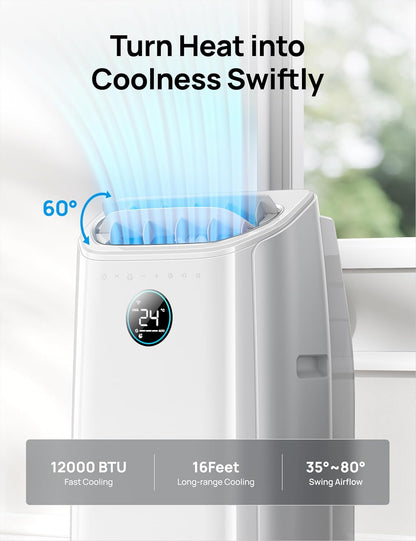 12,000 BTU Portable Air Conditioner – 3-in-1 Cooling, Fan, and Dehumidifier with App and Voice Control
