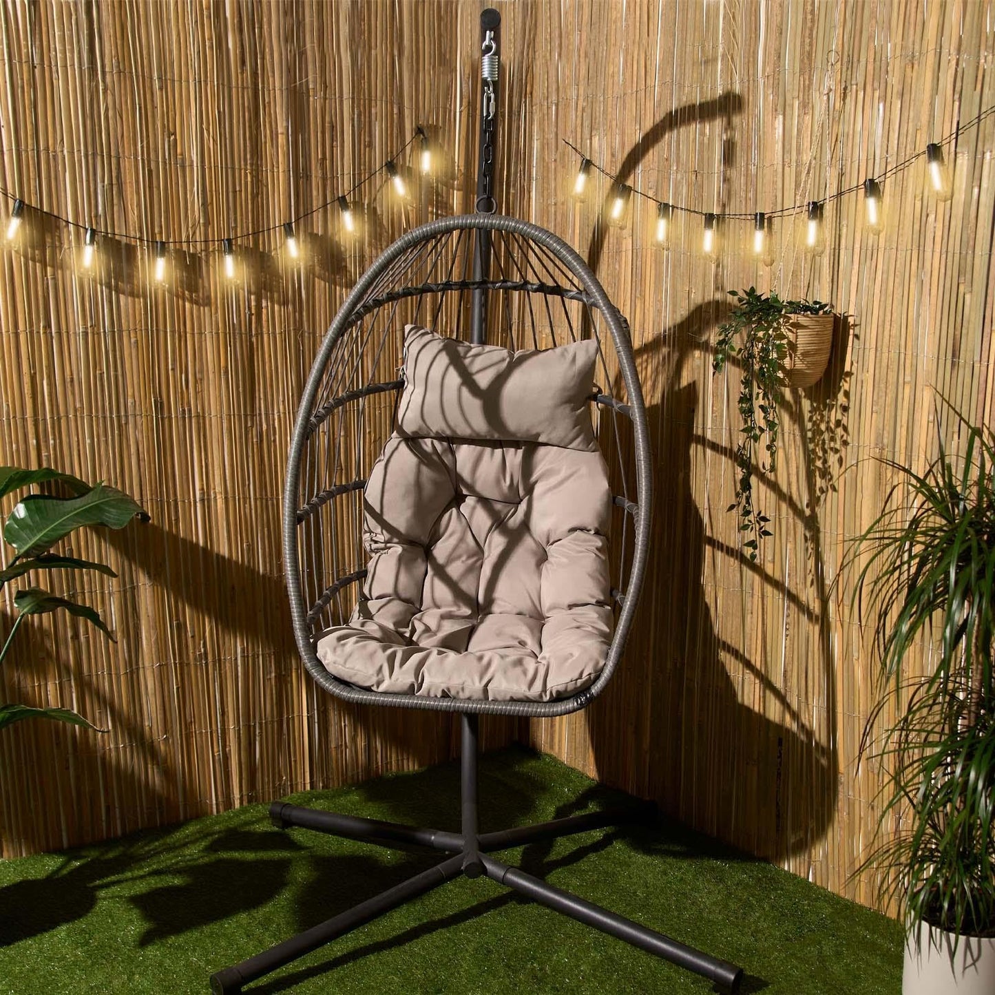 Hanging Egg Chair with Stand, Cushion & Foldable Rattan Basket