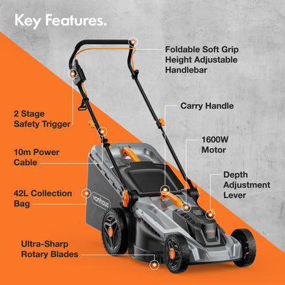 1600W Electric Lawn Mower with 42L Collection Bag & Adjustable Cutting Heights