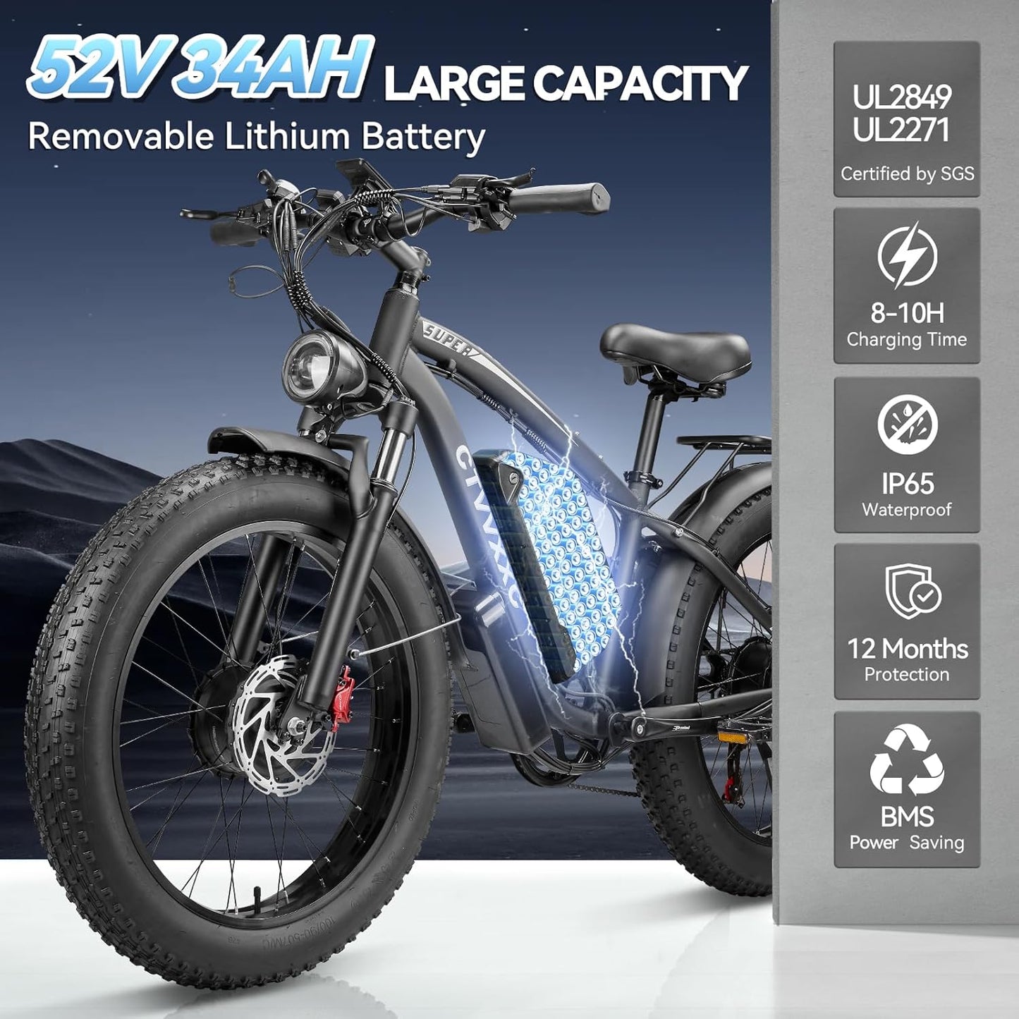 Electric Bicycle with Dual Motor Assist, Removable 52V Battery, 7-Speed Gears, 24-Inch Fat Tires