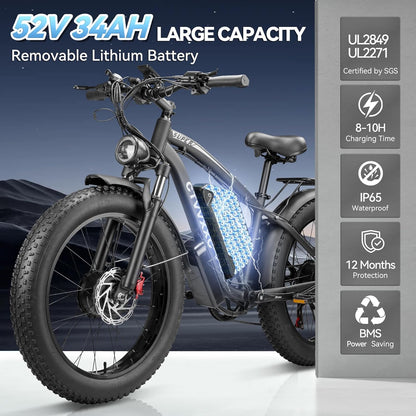 Electric Bicycle with Dual Motor Assist, Removable 52V Battery, 7-Speed Gears, 24-Inch Fat Tires