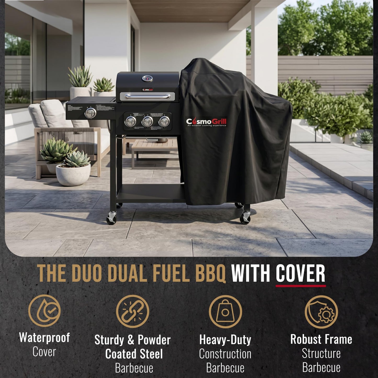 Hybrid Gas & Charcoal BBQ Grill with Smoker, Side Burner & Protective Cover