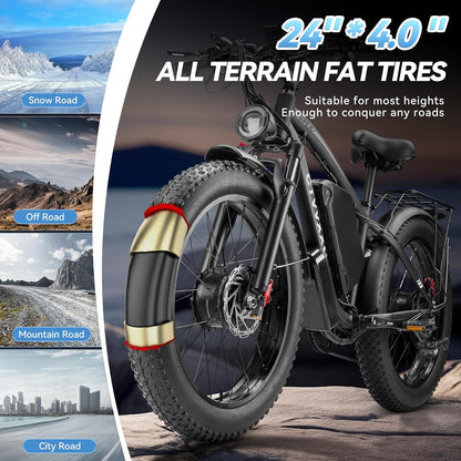 Electric Bicycle with Dual Motor Assist, Removable 52V Battery, 7-Speed Gears, 24-Inch Fat Tires