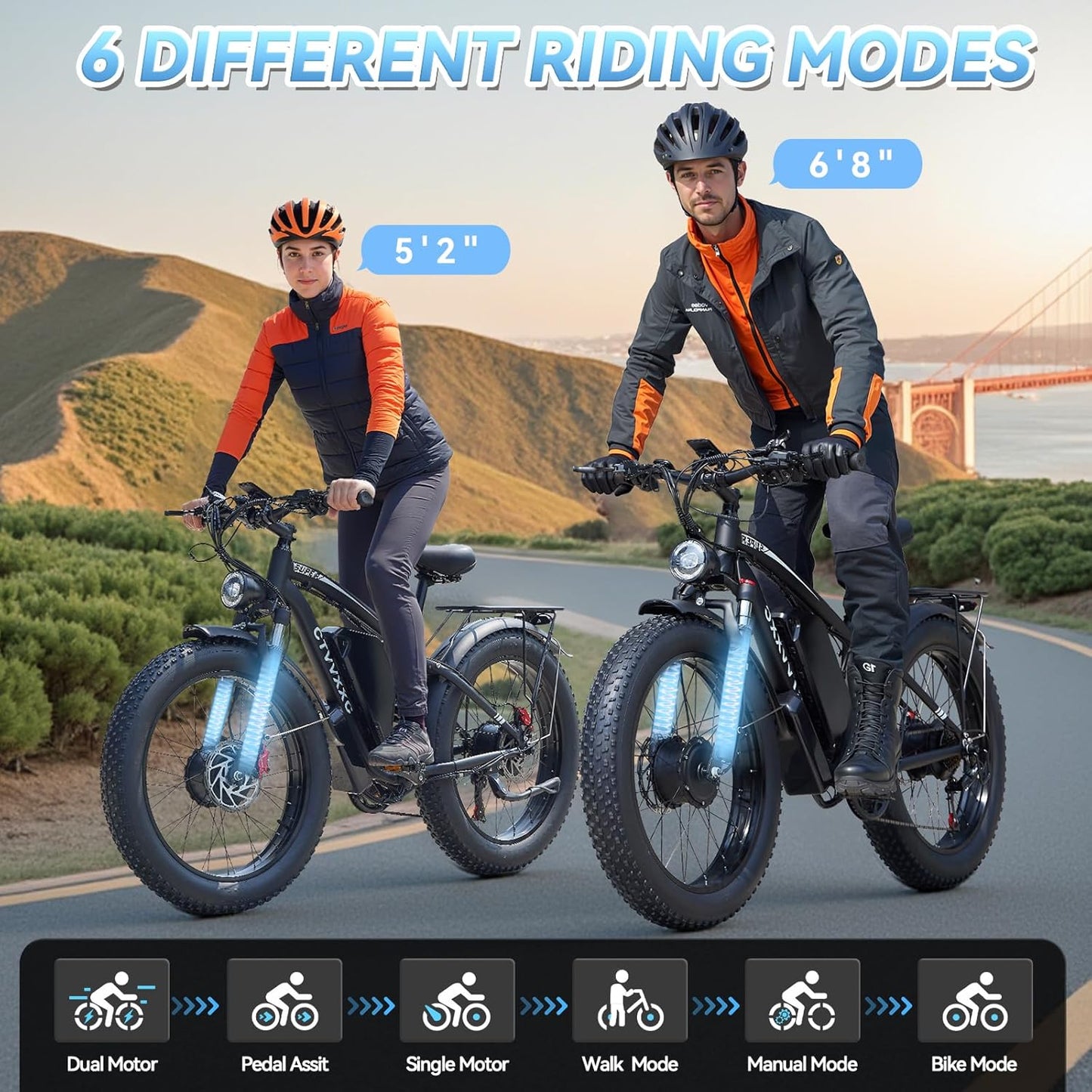 Electric Bicycle with Dual Motor Assist, Removable 52V Battery, 7-Speed Gears, 24-Inch Fat Tires