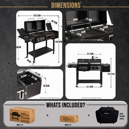 Hybrid Gas & Charcoal BBQ Grill with Smoker, Side Burner & Protective Cover