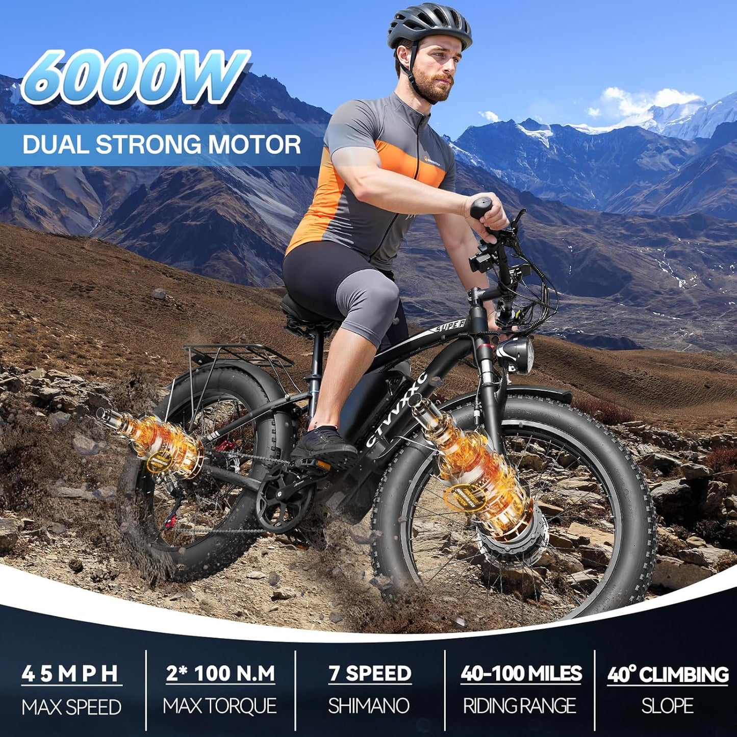 Electric Bicycle with Dual Motor Assist, Removable 52V Battery, 7-Speed Gears, 24-Inch Fat Tires