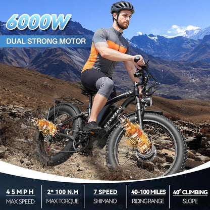 Electric Bicycle with Dual Motor Assist, Removable 52V Battery, 7-Speed Gears, 24-Inch Fat Tires