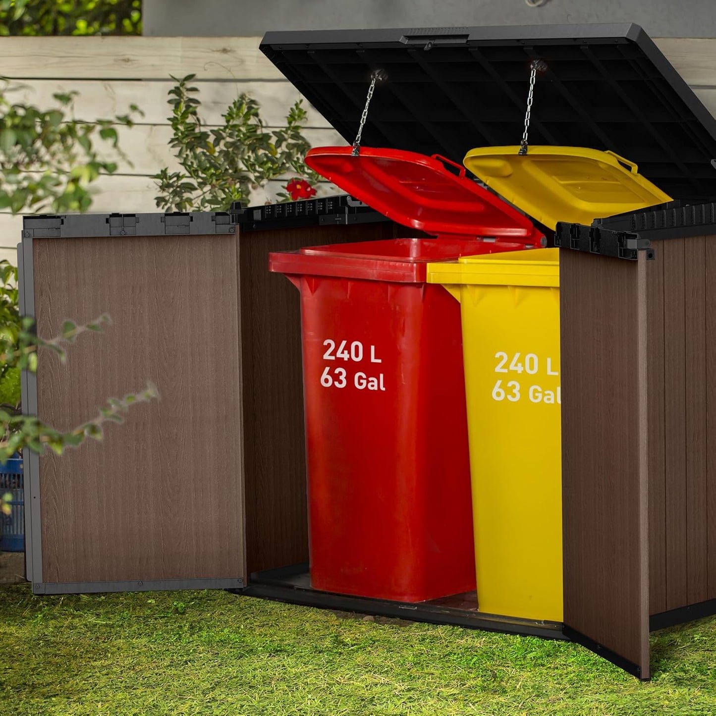 1150L Outdoor Garden Storage Box with Hydraulic Lid & Double Doors
