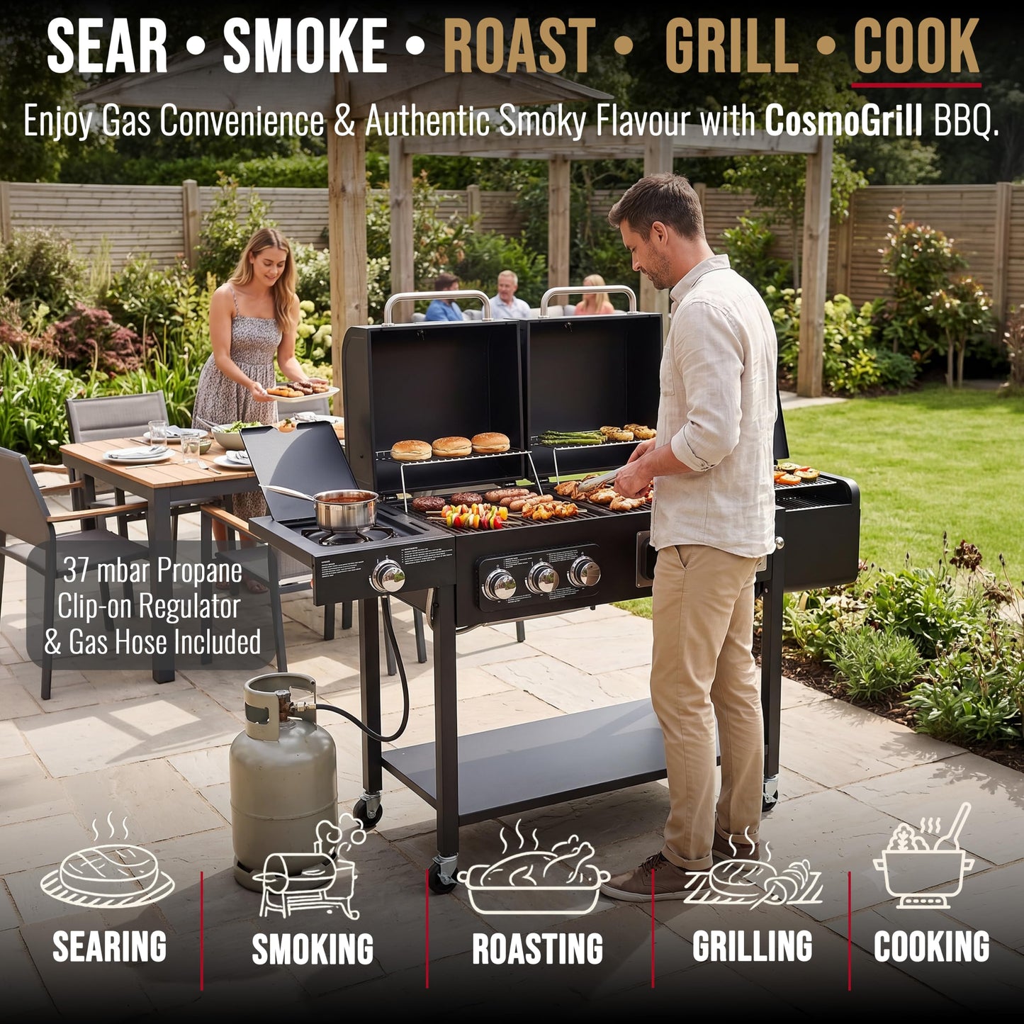 Hybrid Gas & Charcoal BBQ Grill with Smoker, Side Burner & Protective Cover