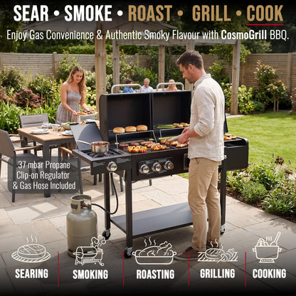 Hybrid Gas & Charcoal BBQ Grill with Smoker, Side Burner & Protective Cover