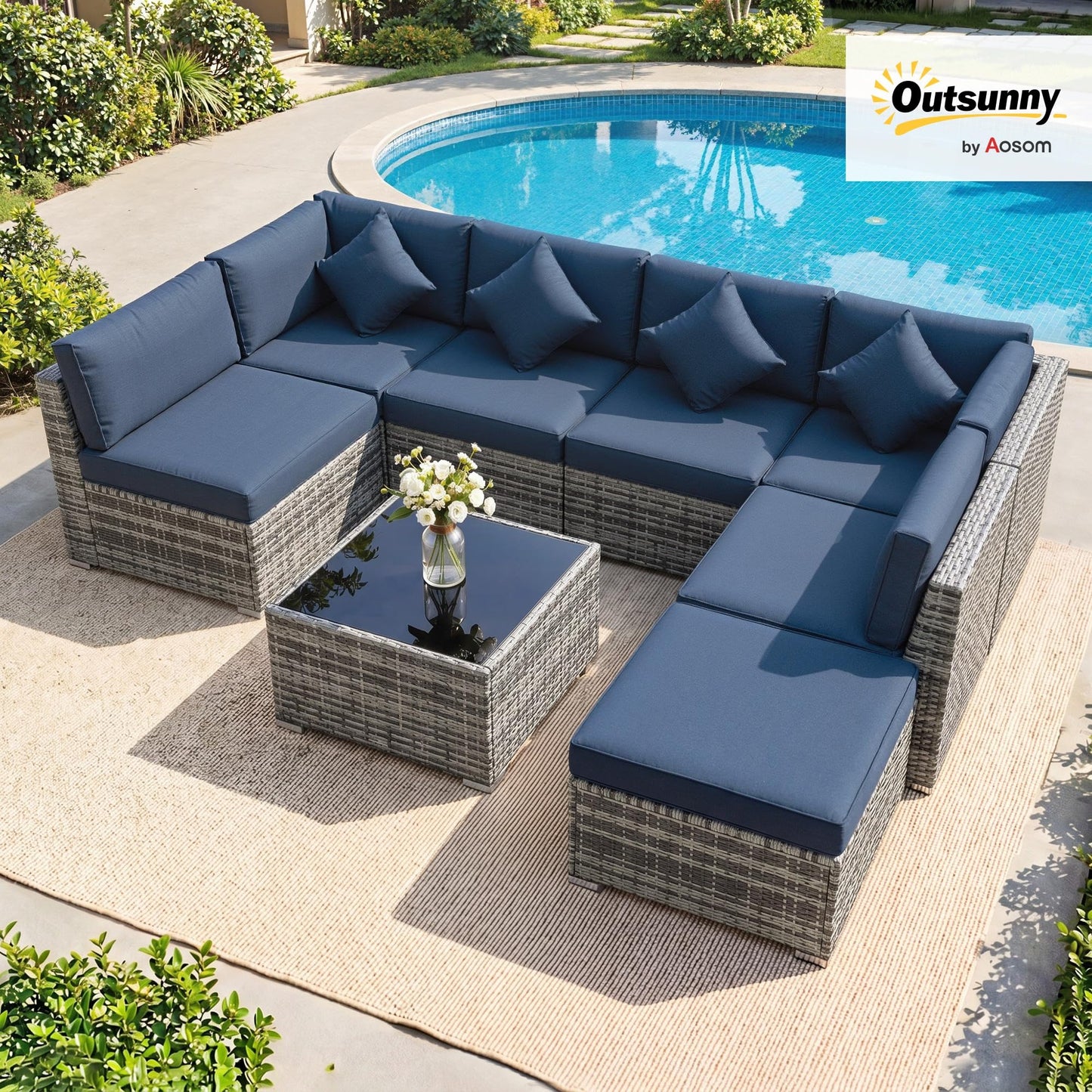 8 Piece Rattan Corner Sofa Set with Cushions & Glass Coffee Table