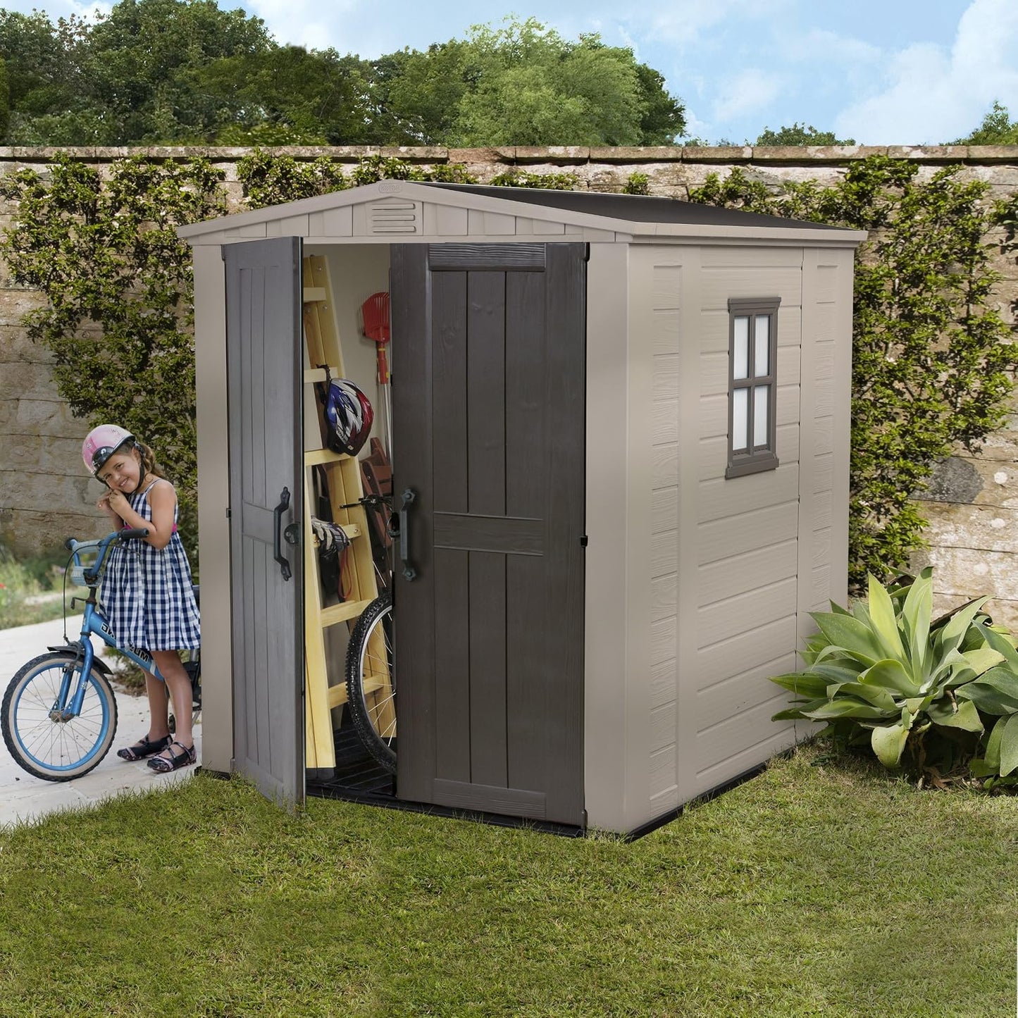 Outdoor Garden Storage Shed with Floor, Double Doors & UV-Resistant Resin