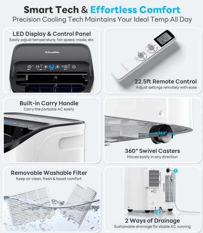 14000 BTU Portable Air Conditioner with Cooling, Dehumidifier, Fan, Sleep Mode & Remote Control